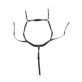 Schwarzes verstellbares Haustiergeschirr mit mehreren Riemen und Clips, entworfen für Komfort und Kontrolle während der Spaziergänge.