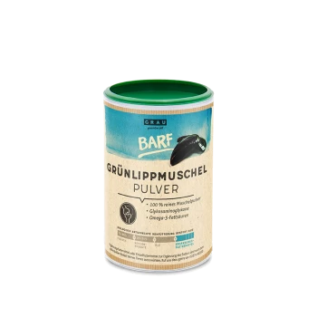 Behälter mit Grünlippmuschel-Pulver für Haustiere, gekennzeichnet als 100% reines Muschelpulver mit ernährungsphysiologischen Vorteilen.