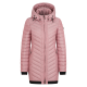 Rosa Pufferjacke mit Kapuze, mit einem Reißverschluss vorne, Seitentaschen und gerippten Bündchen, auf einem weißen Hintergrund präsentiert.