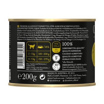 Premium Katzenfutterdose mit 200 g, mit Zutaten wie 92% Fleisch, Nährwertangaben und dem Etikett "100% menschliche Lebensmittelqualität".