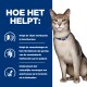 Een gezonde kat met een blauwe halsband zit tegen een blauwe achtergrond, met tekst die de voordelen voor de nierfunctie en het behoud van spieren uiteenzet.