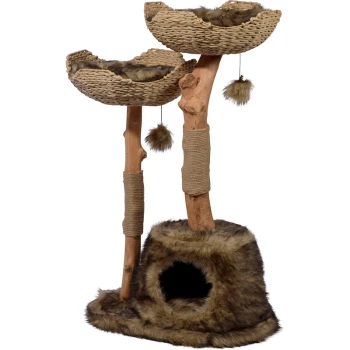 Design-Kratzbaum "Tony" Braun Katzenbaum mit zwei geflochtenen Korbplattformen, einem Kratzbaum und einer gemütlichen, mit Fell bezogenen Basis mit einem Versteck-Eingang.