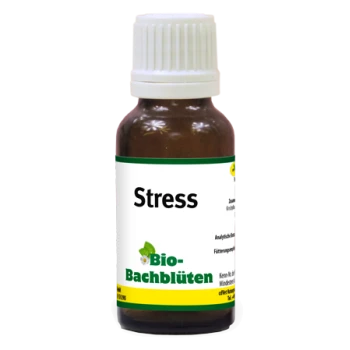 Braune Glasflasche mit der Aufschrift "Stress" und einem weißen Deckel, mit "Bio-Bachblüten" in grüner Schrift, was auf ein natürliches Heilmittel für Haustiere hinweist.