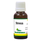 Braune Glasflasche mit der Aufschrift "Stress" und einem weißen Deckel, mit "Bio-Bachblüten" in grüner Schrift, was auf ein natürliches Heilmittel für Haustiere hinweist.