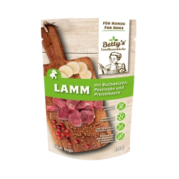 Betty's Landhausküche Lamm Hundefutter für erwachsene Hunde, getreidefrei, Einzelprotein, keine Tierversuche, 125g Packung.