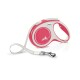 Eine pink-weiße, ausziehbare Hundeleine mit einem silbernen Clip, mit einem kreisförmigen Design und einer Silhouette eines Hundes in Bewegung.