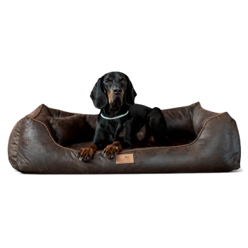 Ein schwarz-brauner Hund, der auf einem plüschigen, braunen Haustierbett mit lederähnlicher Textur entspannt, mit einem kleinen Holzschild, das "terlanda" liest.