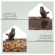 Dekorative Haustierschüssel mit einem Vogeldesign, gekennzeichnet zur Verwendung als Wasserschüssel und Futterschüssel, mit Samen und Wasser.