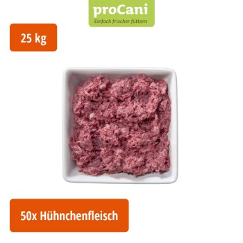 Verpacktes rohes Geflügel-Hundefutter von proCani, gekennzeichnet mit "Geflügel komplett" und einem Naturhintergrund sowie "50x" in der Ecke.