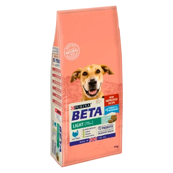 Purina Beta Light dog food bag, 14kg, featuring a pink background, with "New Improved Recipe" and "Turkey is #1 Ingredient" labels.