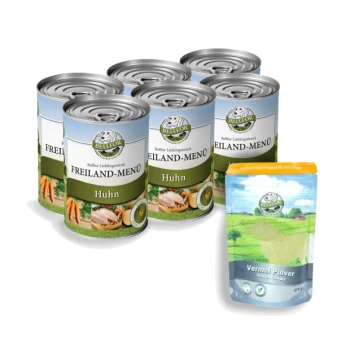Sechs Dosen "FREILAND-MENÜ Huhn" Hundefutter und ein Päckchen "Vermal Pulver" (Schädlingspulver) auf einem weißen Hintergrund.