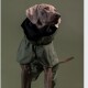 Weimaraner-Hund trägt einen grünen Regenmantel mit schwarzer Kapuze vor einem einfarbigen olivgrünen Hintergrund.
