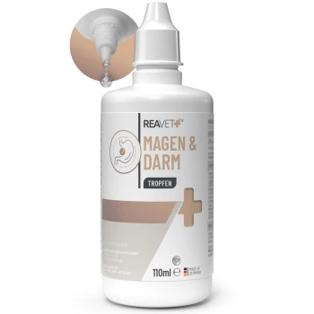 Flasche REAVET Magen & Darm Tropfen für Haustiere, 110 ml, mit einem Tropferdeckel und einer Tropfenillustration darüber.