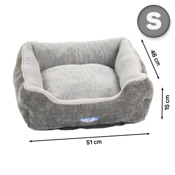 Kleines Haustierbett in Grau mit plüschigem Innenraum, Maße 51 cm x 46 cm x 15 cm, mit einem Logo-Tag von Wallace & Jones.