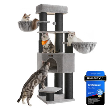 Grauer mehrstöckiger Kratzbaum mit vier Katzen, Hängematten und Höhle; blaues Siegel mit der Aufschrift „SEHR GUT (1,1)“ und „Kratzbaum“.