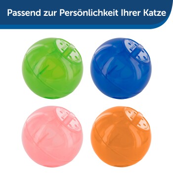 Vier bunte Katzenspielzeuge in Grün, Blau, Pink und Orange, mit dem Text "Passend zur Persönlichkeit Ihrer Katze" darüber.