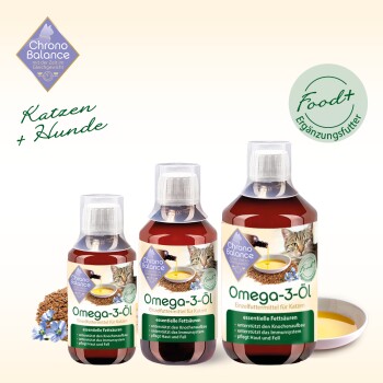 Omega-3-Öl für Katzen, mit drei Flaschen unterschiedlicher Größen, mit einem Katzenbild und Text, der die Vorteile für Haut, Fell und Immunsystem hervorhebt.