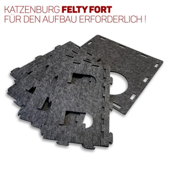 Katzenburg Felty Fort Montage Teile, mit ineinandergreifenden Filzpaneelen in Dunkelgrau, mit fettem Text, der "FÜR DEN AUFBAU ERFORDERLICH!" besagt.