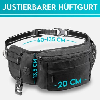 Verstellbarer schwarzer Hüftgurt mit den Maßen 60-135 cm Länge, 13,5 cm Höhe und 20 cm Breite, mit mehreren Reißverschlusstaschen.