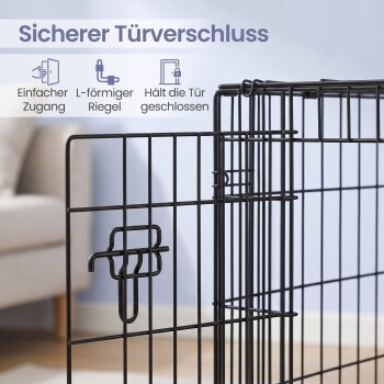 Nahaufnahme des Türverschlusses eines schwarzen Draht-Haustierkäfigs mit deutscher Überschrift "Sicherer Türverschluss."