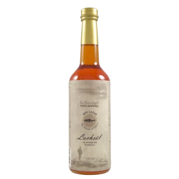 Bouteille d'huile de saumon 100% Dr. Clauder pour chiens et chats, avec un bouchon doré et une étiquette avec des images de pêche et des détails nutritionnels.