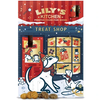 Lily's Kitchen Treat Shop advent calendar for dogs with festive dog illustrations and numbered treat windows.