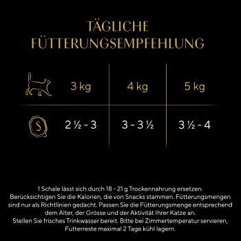 TÄGLICHE FÜTTERUNGSEMPFEHLUNG — Katzentabelle: 3 kg 2½–3, 4 kg 3–3½, 5 kg 3½–4; kleingedruckte Fütterungshinweise auf Deutsch.