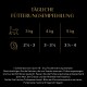 TÄGLICHE FÜTTERUNGSEMPFEHLUNG — Katzentabelle: 3 kg 2½–3, 4 kg 3–3½, 5 kg 3½–4; kleingedruckte Fütterungshinweise auf Deutsch.