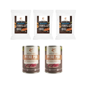 Drei Packungen Wildfang Lachs mit Forelle Hundesnacks und zwei Dosen Wildfang Pferd Pur B.A.R.F. Qualitäts-Hundefutter.