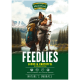 Ein Hund mit einem Rucksack in einer malerischen Umgebung. Das Etikett lautet "FEEDLIES Lachs & Kartoffel" und "Masterfeed Premium."