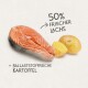 Frisches Lachsfilet und Kartoffeln mit dem Text '50% frischer Lachs' und '+ ballaststoffreiche Kartoffel.'