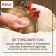Korb mit braunen Eiern, gehalten von einer Person mit Huhn im Hintergrund, Text „Steigert Legeleistung“ und Hühnersymbol.
