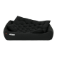 Schwarzes Haustierbett mit gepolstertem Design und erhöhten Kanten, mit dem Logo "Doctor Bark" an der Seite.
