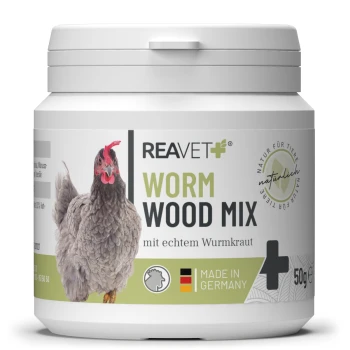 Behälter von REAVET® Wurmholz-Mix für Haustiere, beschriftet mit einem grauen Huhn, hergestellt in Deutschland, und enthält echtes Wermut.