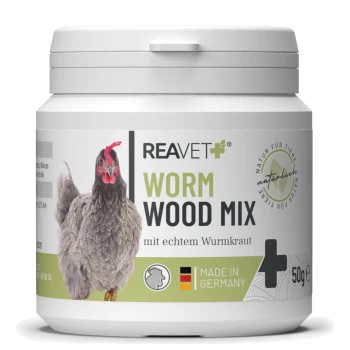 Behälter von REAVET® Wurmholz-Mix für Haustiere, beschriftet mit einem grauen Huhn, hergestellt in Deutschland, und enthält echtes Wermut.