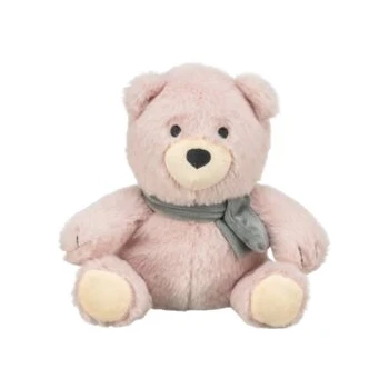 Plüschiger rosa Teddybär mit grauem Schal, aufrecht sitzend auf weißem Hintergrund.
