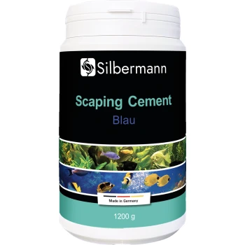 Behälter mit Silbermann Scaper's Cement in Blau, beschriftet mit 'Inhalt: 1200 g' und Bildern von Wasserpflanzen und Fischen.