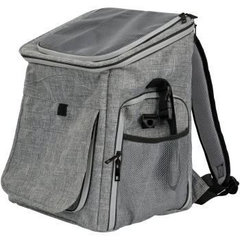 Grauer Haustiertrage-Rucksack mit Netzoberseite, Seitentaschen und verstellbaren Riemen, entworfen für den Transport kleiner Haustiere.