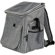 Grauer Haustiertrage-Rucksack mit Netzoberseite, Seitentaschen und verstellbaren Riemen, entworfen für den Transport kleiner Haustiere.