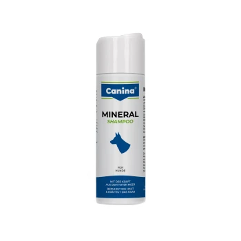 Weiße Flasche Canina Mineral Shampoo für Hunde mit blauer Hundesilhouette; Etikett zeigt „Canina“, „MINERAL SHAMPOO“, „Für Hunde“