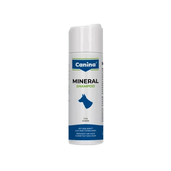 Weiße Flasche Canina Mineral Shampoo für Hunde mit blauer Hundesilhouette; Etikett zeigt „Canina“, „MINERAL SHAMPOO“, „Für Hunde“