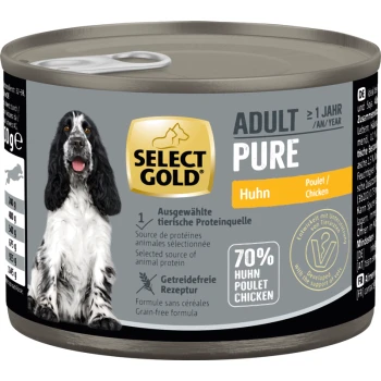 Select Gold Adult Pure dog food can with chicken flavor, 70% animal protein, grain-free formula, and a black and white dog image.