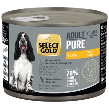 Select Gold Adult Pure Hundefutterdose mit Hähnchengeschmack, 70 % tierischem Protein, getreidefreier Formel und einem schwarz-weißen Hundebild.