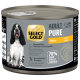 Select Gold Adult Pure Hundefutterdose mit Hähnchengeschmack, 70 % tierischem Protein, getreidefreier Formel und einem schwarz-weißen Hundebild.