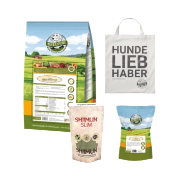 Eine Sammlung von Bellfor Haustierfutter: ein großer Premium-Hundefutterbeutel, ein kleiner "SHIIMUN SLIM" Beutel und eine Tasche mit "HUNDE LIEB HABER."
