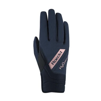 Ein einzelner marineblauer Handschuh mit einem rosa Roeckl-Logo und dem Text 'H2O PROTECT', entworfen für Outdoor-Aktivitäten.