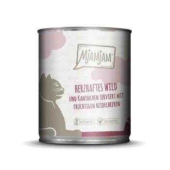 Eine Dose Mjamjam Haustierfutter mit einer Katzensilhouette, beschriftet mit "Herzhaftes Wildspiel und Kaninchen mit fruchtigen Heidelbeeren."