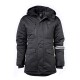 Schwarze isolierte Winterjacke mit Kapuze, mit Reißverschlusstaschen und reflektierenden Details am Ärmel.