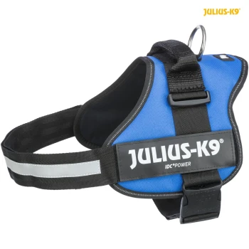 Trixie Julius K-9 Harness blue M Blue Julius-K9 dog harness with reflective straps and a sturdy buckle, featuring the brand name prominently displayed.