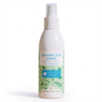 Zahnpflegespray für Hunde und Katzen, mit der Aufschrift "Zahnpflege Spray", mit Minzblättern im Hintergrund, das die Mundpflege fördert.